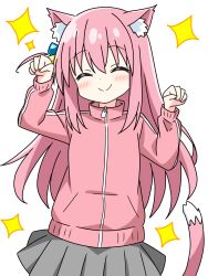 Rule 34 | 1girl, animal ears, blush, bocchi the rock!, cat ears, cat girl, cat tail, closed eyes, commentary request, cube hair ornament, gotoh hitori, hair ornament, highres, jacket, kotatsu-mazoku, long hair, long sleeves, one side up, paw pose, pink hair, pleated skirt, skirt, smile, solo, sparkle, tail, track jacket