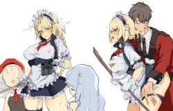 Rule 34 | 1boy, 3girls, banssee, blonde hair, breasts, commander (girls&#039; frontline), covered erect nipples, egg vibrator, g36 (girls&#039; frontline), girls&#039; frontline, griffin &amp; kryuger military uniform, highres, implied sex, large breasts, maid, maid headdress, mp5 (girls&#039; frontline), multiple girls, sex toy, thigh strap, vibrator