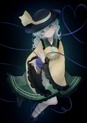 Rule 34 | 1girl, black footwear, black hat, blouse, boots, bright pupils, buttons, closed mouth, commentary, diamond button, english commentary, floral print, frilled shirt collar, frilled sleeves, frills, full body, green eyes, green hair, green skirt, hat, hat ribbon, head tilt, heart, heart of string, highres, himuhino, holding, komeiji koishi, long sleeves, looking at viewer, medium hair, ribbon, rose print, shirt, skirt, smile, solo, third eye, touhou, wavy hair, white pupils, wide sleeves, yellow ribbon, yellow shirt