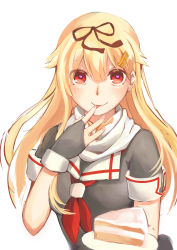 Rule 34 | 10s, 1girl, :p, absurdres, black ribbon, black shirt, blonde hair, cake, closed mouth, food, hair ribbon, heart, heart-shaped pupils, highres, kantai collection, licking, licking finger, long hair, looking at viewer, maao you you, neckerchief, plate, red eyes, red neckerchief, ribbon, sailor collar, shirt, short sleeves, simple background, solo, symbol-shaped pupils, tongue, tongue out, upper body, white background, yuudachi (kancolle), yuudachi kai ni (kancolle)