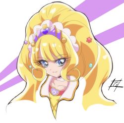 Rule 34 | 1girl, blonde hair, blue eyes, closed mouth, collarbone, cure finale, delicious party precure, dot nose, hair ornament, highres, kasai amane, long hair, looking at viewer, magical girl, precure, signature, sind ngmhn28, smile, solo, star (symbol), star hair ornament, tiara, upper body, white background