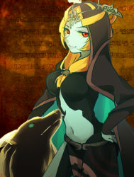 Rule 34 | 1girl, blue skin, breasts, cloak, clothing cutout, colored sclera, colored skin, forehead jewel, front ponytail, hair between breasts, hair ornament, hand on own hip, hood, large breasts, link, wolf link, long skirt, midna, midna (true), navel, navel cutout, nintendo, nose, orange hair, red eyes, side slit, skirt, smile, solo focus, spoilers, the legend of zelda, the legend of zelda: twilight princess, tiara, ukata, wolf, yellow sclera