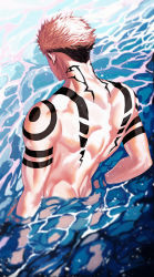 Rule 34 | 1boy, absurdres, arm tattoo, back, back focus, back tattoo, from behind, highres, jujutsu kaisen, litchi (taechiii2), male focus, multicolored hair, muscular, muscular male, neck tattoo, nude, outdoors, partially submerged, pink hair, ryoumen sukuna (jujutsu kaisen), short hair, shoulder tattoo, sideburns, solo, tattoo, two-tone hair, undercut, water, wet