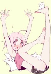Rule 34 | 1girl, absurdres, ahoge, arms up, bare legs, barefoot, black shorts, crop top, dolphin shorts, eds, fang, feet, green background, happy (eds), highres, open mouth, original, pink eyes, pink hair, ringed eyes, short twintails, shorts, simple background, toes, twintails