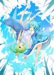 Rule 34 | 2girls, bird, blue dress, blue eyes, blue hair, blue sky, cirno, daiyousei, dress, forest, fred04142, from below, green eyes, green hair, hair ribbon, multiple girls, nature, open mouth, panties, ribbon, rotational symmetry, shoes, side ponytail, sky, smile, touhou, tree, underwear, upside-down, upskirt, v arms, white panties, wings