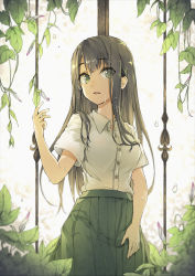 Rule 34 | 1girl, absurdres, black hair, collared shirt, commentary request, eyes visible through hair, flower, green eyes, hand up, highres, long hair, miya kazutomo, morning glory, original, parted lips, plant, pleated skirt, shirt, short sleeves, skirt, solo, vines, wet, wet hair, white shirt