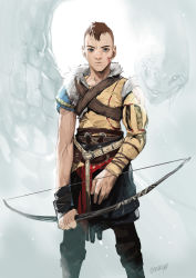 Rule 34 | 1boy, artist name, artist request, atreus, blue eyes, bow (weapon), brown hair, closed mouth, commentary, facial mark, god of war, holding, looking at viewer, male focus, muscular, muscular male, outdoors, slingshot (weapon), snake, solo focus, weapon