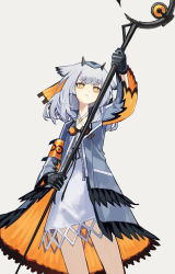 Rule 34 | 1girl, absurdres, arknights, arm up, armband, black gloves, coat, cowboy shot, dress, feather trim, gloves, goggles, goggles around neck, grey coat, highres, holding, holding staff, long hair, long sleeves, looking at viewer, open clothes, open coat, owl ears, parted lips, ptilopsis (arknights), simple background, solo, staff, white background, white dress, white hair, yellow eyes, yoon cook