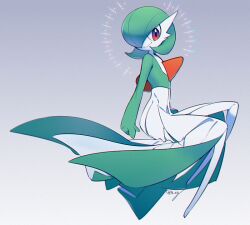 Rule 34 | artist name, bob cut, colored skin, creatures (company), dated commentary, dress, game freak, gardevoir, gardevoir day, gen 3 pokemon, green hair, grey background, hair over one eye, looking at viewer, multicolored skin, nintendo, pink eyes, pokemon, pokemon (creature), sg (suuchan), simple background, smile, two-tone skin, white dress, white skin
