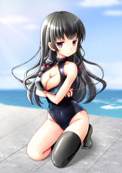 Rule 34 | 10s, 1girl, black hair, breasts, chize, cleavage, front zipper swimsuit, isokaze (kancolle), kantai collection, large breasts, long hair, meme attire, one-piece swimsuit, red eyes, school uniform, serafuku, solo, swimsuit