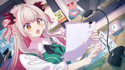 Rule 34 | 1girl, black bow, black ribbon, blunt bangs, bow, brown eyes, clock, colored inner hair, desk, double bun, dutch angle, earbuds, earphones, green vest, grey hair, hair bun, highres, holding, holding paper, indie virtual youtuber, kagawa yuusaku, long hair, microphone, multicolored hair, nail polish, open mouth, paper, pink hair, pink nails, pointy ears, ribbon, shirt, solo, sticky note, suou patra, surprised, sweatdrop, upper body, vest, virtual youtuber, white shirt