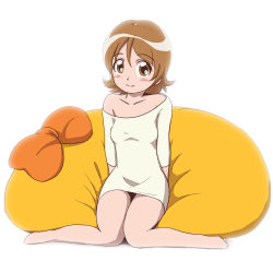Rule 34 | 10s, 1girl, backlighting, bare shoulders, blush, brown eyes, brown hair, full body, happinesscharge precure!, itommy, knees together feet apart, oomori yuuko, pantyhose, pillow, precure, see-through, see-through legwear, shirt, short hair, smile, solo, white background