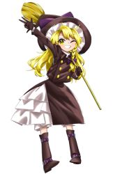 Rule 34 | 1girl, ahoge, arm up, belt, blonde hair, boots, bow, braid, broom, brown dress, brown footwear, brown gloves, brown hat, buttons, closed mouth, collared dress, commentary request, dress, frills, full body, gloves, hair between eyes, hair bow, hands up, harukawa moe (style), hat, hat bow, highres, keiki8296, kirisame marisa, long hair, long sleeves, looking up, one eye closed, purple belt, purple bow, single braid, smile, solo, standing, teeth, touhou, white dress, witch hat, yellow eyes