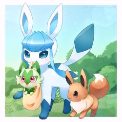 Rule 34 | :3, :d, alopias, artist name, bag, blue eyes, blue sky, blush, border, brown eyes, bush, carrying, closed mouth, commentary, commentary request, creatures (company), day, eevee, english commentary, fangs, game freak, gen 1 pokemon, gen 4 pokemon, glaceon, grass, in bag, in container, lens flare, mixed-language commentary, mouth hold, nintendo, no humans, open mouth, outdoors, plant, pokemon, pokemon (creature), red eyes, sky, smile, sprigatito, twitter username, watermark, white border