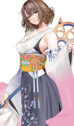Rule 34 | 1girl, bare shoulders, blue eyes, blush, breasts, brown hair, cleavage, collarbone, final fantasy, final fantasy x, green eyes, heterochromia, highres, large breasts, looking at viewer, marushin (denwa0214), open mouth, solo, yuna (ff10)