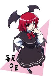 Rule 34 | 1girl, :p, bat wings, blush stickers, bow, from above, hand on own hip, hand up, head wings, itani illust, koakuma, nail polish, red eyes, red hair, red nails, shoes, solo, tongue, tongue out, touhou, wings