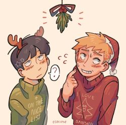Rule 34 | 2boys, ?, alternate costume, black hair, blonde hair, blush, christmas, christmas sweater, closed mouth, clothes writing, commentary, english commentary, english text, esper-eclipse, fake horns, green sweater, hanazawa teruki, hat, highres, horns, kageyama shigeo, long sleeves, male focus, mistletoe, mob psycho 100, multiple boys, red headwear, red sweater, santa hat, short hair, simple background, spoken question mark, sweater, upper body