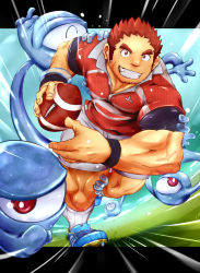 Rule 34 | 1boy, american football (object), ball, bara, brown hair, collared shirt, doro rich, facial hair, facial scar, full body, tamamura gunzo, large pectorals, looking at viewer, male focus, muscular, pectorals, red shirt, rugby uniform, scar, scar on cheek, scar on face, shirt, short sleeves, sideburns, smile, solo, spirit, sportswear, stubble, thick eyebrows, tokyo houkago summoners
