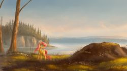 Rule 34 | 1girl, blue eyes, cliff, cloud, cloudy sky, fluttershy, fog, forest, grass, highres, hill, lake, looking back, my little pony, my little pony: friendship is magic, nature, pink hair, scenery, shamanguli, sky, tail, tree, wings