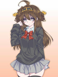 Rule 34 | 10s, 1girl, alternate costume, bow, brown hair, hairband, highres, kantai collection, kongou (kancolle), long hair, narumiya (empty cafe), parted lips, school uniform, skirt, solo, sweater, thighhighs