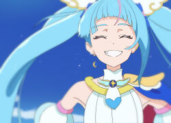 Rule 34 | 1girl, absurdres, blue cape, blue hair, blue sky, brooch, cape, closed eyes, commentary, cure sky, cut bangs, day, detached sleeves, dress, earrings, facing viewer, grin, highres, hirogaru sky! precure, jewelry, long hair, magical girl, multicolored hair, noe graphics, outdoors, pink hair, precure, puffy detached sleeves, puffy sleeves, red cape, single earring, sky, sleeveless, sleeveless dress, smile, solo, sora harewataru, streaked hair, twintails, two-sided cape, two-sided fabric, white dress, wind, wing brooch, wing hair ornament
