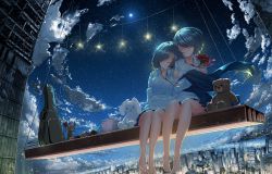 Rule 34 | 2girls, bare legs, bear, black hair, blouse, blue skirt, blue sky, bucket, building, chocoshi, cityscape, closed mouth, cloud, crying, flower, guitar case, hanging, highres, holding, holding flower, horizon, instrument case, leaning on person, leaning to the side, light smile, long sleeves, moon, moonlight, multiple girls, neck ribbon, night, night sky, one eye closed, original, paintbrush, perspective, pleated skirt, rabbit, railing, red ribbon, reflective wall, ribbon, sad, scaffolding, scenery, self hug, shirt, shoes, unworn shoes, short hair, skirt, sky, skyscraper, sleeping, star (sky), starry sky, stuffed animal, stuffed rabbit, stuffed toy, teddy bear, white shirt, wind, wind lift, window, yuri