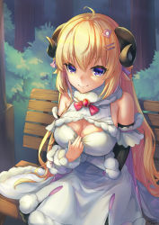 Rule 34 | 1girl, ahoge, animal ears, arm under breasts, bare shoulders, bench, blonde hair, breasts, cleavage, clothes pull, come hither, detached sleeves, dincat, dress, dress pull, fur collar, fur trim, hair ornament, hairclip, hololive, horns, large breasts, long hair, looking at viewer, outdoors, purple eyes, seductive smile, sheep ears, sheep girl, sheep horns, sitting, smile, solo, tree, tsunomaki watame, tsunomaki watame (1st costume), very long hair, virtual youtuber, white dress, yaranaika