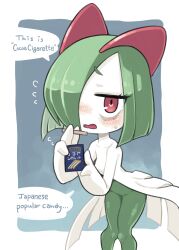 Rule 34 | absurdres, bags under eyes, blue background, cigarette, cigarette pack, colored skin, creatures (company), flying sweatdrops, game freak, gen 3 pokemon, green hair, hair over one eye, highres, holding, holding cigarette, horns, ino (tellu0120), kirlia, looking at viewer, multicolored skin, nintendo, pokemon, pokemon (creature), sidelocks, simple background, speech bubble, sweatdrop, two-tone skin, white skin