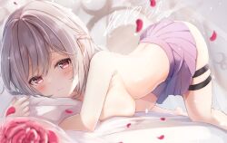 Rule 34 | 1girl, absurdres, bed sheet, blurry, blush, braid, breasts, depth of field, falling petals, flower, french braid, grey hair, highres, kishin sagume, large breasts, looking at viewer, medium hair, niko kusa, hugging object, petals, pillow, pillow hug, pink eyes, red flower, red rose, rose, rose petals, signature, skirt, smile, solo, thigh strap, top-down bottom-up, topless, touhou