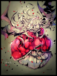 Rule 34 | 1girl, blurry, character name, closed mouth, demon wings, dress, floating hair, framed, frilled dress, frilled sleeves, frills, full body, hair bobbles, hair ornament, long hair, long sleeves, looking at viewer, multiple wings, pale skin, petals, purple eyes, red dress, shinki (touhou), sidelocks, silver hair, solo, tanzhujiuyue, touhou, touhou (pc-98), very long hair, wide sleeves, wings