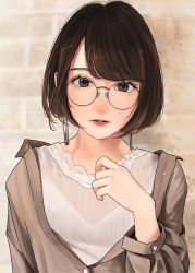 Rule 34 | 1girl, blush, bob cut, brown eyes, brown hair, brown jacket, earrings, glasses, hand up, highres, jacket, jewelry, lace, lace trim, lips, lipstick, long sleeves, looking at viewer, makeup, mole, mole under eye, open clothes, open jacket, original, parted lips, round eyewear, saitou (lynx-shrike), shirt, short hair, solo, wall, white shirt