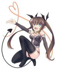 Rule 34 | 1girl, :d, bad id, bad pixiv id, bare shoulders, black thighhighs, blue eyes, breasts, brown hair, demon girl, demon tail, fang, heart, heart of string, long hair, open mouth, original, outstretched arm, pointy ears, saisou (2ndere), simple background, smile, solo, tail, thighhighs, twintails, white background