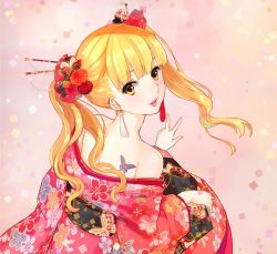 Rule 34 | 1girl, bare shoulders, blonde hair, blush, bug, butterfly, butterfly tattoo, commentary request, earrings, enkou shoujo, floral print, flower, hair ornament, highres, insect, japanese clothes, jewelry, kimono, koizumi amane, lips, long hair, looking at viewer, looking back, mitsuki mako, off shoulder, tattoo, twintails, yellow eyes