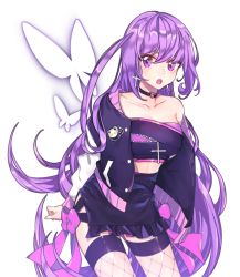Rule 34 | 1girl, aisha landar, arms behind back, bad id, bad pixiv id, bow, breasts, bug, butterfly, choker, cleavage, collarbone, cowboy shot, cross, cross earrings, earrings, elsword, floating hair, hair between eyes, insect, jacket, jewelry, long hair, medium breasts, midriff, off shoulder, open clothes, open jacket, open mouth, oz sorcerer (elsword), pink bow, purple eyes, purple hair, rimsuk, simple background, solo, standing, thighhighs, very long hair, white background, white thighhighs