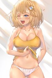 Rule 34 | 1girl, absurdres, bad id, bad twitter id, blonde hair, blue eyes, blush, breasts, cleavage, clothes lift, collarbone, hair ornament, highres, hololive, hololive english, honkivampy, large breasts, mole, mole on breast, navel, no pants, one eye closed, open mouth, shirt, shirt lift, smile, solo, tank top, underwear, virtual youtuber, watson amelia, yawning, yellow shirt