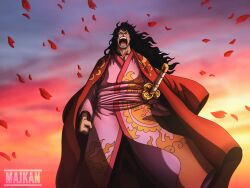 Rule 34 | 1boy, absurdres, artist name, black hair, clenched hand, falling petals, highres, holding, holding sword, holding weapon, japanese clothes, katana, kouzuki momonosuke, long hair, majkan, male focus, moon (symbol), one piece, open mouth, petals, signature, solo, sword, weapon