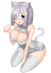 Rule 34 | 10s, 1girl, alternate costume, bare shoulders, between legs, blue eyes, breasts, cat, cat tail, cleavage cutout, clothing cutout, eyes visible through hair, fang, hair ornament, hair over one eye, hairclip, hamakaze (kancolle), hand between legs, highres, kantai collection, kemonomimi mode, large breasts, looking at viewer, short hair, silver hair, simple background, sin (kami148), sitting, solo, striped, sweater vest, tail, thighhighs, vertical stripes, white background