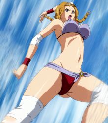 Rule 34 | 1girl, absurdres, bikini, blonde hair, blue eyes, bra, breasts, covered erect nipples, female focus, highres, large breasts, leina (queen&#039;s blade), open mouth, panties, queen&#039;s blade, solo, stitched, swimsuit, third-party edit, underwear