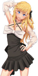 Rule 34 | 1girl, absurdres, bare shoulders, blonde hair, blue eyes, breasts, cleavage, collarbone, contrapposto, cowboy shot, criss-cross halter, detached sleeves, dress, glint, grin, halter dress, halterneck, hand on own head, highres, idolmaster, idolmaster cinderella girls, idolmaster cinderella girls starlight stage, jewelry, light blush, long hair, looking at viewer, medium breasts, necklace, nigou, ohtsuki yui, see-through, see-through sleeves, shirt, sidelocks, simple background, smile, wavy hair, white shirt