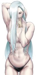 Rule 34 | 1girl, arm up, armpits, banknote, bikini, bikini bottom only, black bikini, breasts, commentary request, cowboy shot, grey hair, hair over breasts, hair over one breast, hair over one eye, half-closed eye, highres, jujutsu kaisen, large breasts, long hair, looking at viewer, mei mei (jujutsu kaisen), money, money in mouth, mouth hold, navel, red lips, simple background, smile, solo, standing, swimsuit, topless, tsukumo momo, white background