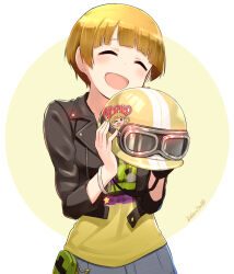 Rule 34 | 1girl, ^ ^, black jacket, blonde hair, blush, border, breasts, character name, closed eyes, cowboy shot, dated, dot nose, fukuda noriko, goggles, goggles on headwear, hands up, helmet, holding, holding helmet, idolmaster, idolmaster million live!, idolmaster million live! theater days, jacket, large breasts, long sleeves, nagian, open clothes, open jacket, open mouth, outside border, print shirt, round border, shirt, short hair, silver bracelet, smile, solo, standing, white border, yellow background, yellow shirt