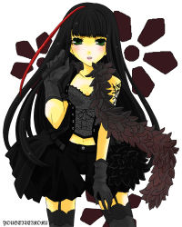 Rule 34 | 1girl, artist request, bad anatomy, black hair, black thighhighs, blush, copyright name, feather boa, female focus, garter straps, gloves, green eyes, hime cut, j-rock, lips, lolita fashion, looking at viewer, midriff, multicolored hair, pants, puffy pants, simple background, solo, standing, tattoo, thighhighs, two-tone hair, vest, white background, yousei teikoku, yui (yousei teikoku), zettai ryouiki