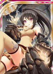 Rule 34 | 1girl, akkijin, bone, brown hair, card (medium), clenched hand, cross, crucifix, dress, gloves, hitodama, looking at viewer, night, night sky, pink eyes, ponytail, shinkai no valkyrie, sky, solo, star (sky), starry sky, thighhighs, tongue, tongue out, yellow dress