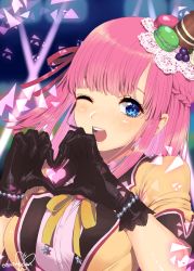 Rule 34 | 1girl, blue eyes, braid, breasts, gloves, hat, heart, heart hands, highres, looking at viewer, miki sauvester, murata tefu, open mouth, pink hair, short hair, smile, solo, star ocean, star ocean anamnesis, star ocean integrity and faithlessness