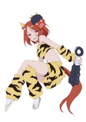 Rule 34 | 1girl, absurdres, animal ears, animal print, bare shoulders, breasts, brown footwear, brown hair, club, club (weapon), commentary request, danboru (jdanboru1182), full body, highres, holding, horse ears, horse girl, horse tail, knees together feet apart, looking at viewer, mask, mask on head, medium breasts, oni mask, parted bangs, parted lips, print shorts, puffy shorts, purple eyes, sakura laurel (oni laurel) (umamusume), sakura laurel (umamusume), sandals, short shorts, shorts, simple background, socks, solo, spiked club, tabi, tail, tiger print, umamusume, weapon, white background, white socks, yellow shorts, zouri