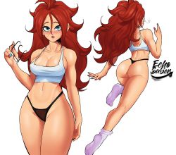 Rule 34 | 1girl, absurdres, android 21, ass, bare arms, bare shoulders, black panties, blue eyes, blue nails, breasts, dragon ball, dragon ball fighterz, echo saber, unworn eyewear, facing viewer, full body, green nails, highleg, highleg panties, highres, holding glasses, looking at viewer, medium breasts, multiple views, nail polish, navel, no shoes, panties, red hair, red nails, simple background, socks, tank top, thong, underwear, white background