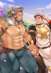 Rule 34 | 2boys, abs, animal ears, arsalan (tokyo houkago summoners), bara, beard, black bodysuit, black hair, blush, bodysuit, bulge, cape, couple, facial hair, furry, furry male, furry with non-furry, green cape, halo, head wreath, highres, hip vent, holding hands, interspecies, large pectorals, lion boy, lion ears, looking at another, male focus, mature male, medium hair, multiple boys, muscular, muscular male, navel, nipples, pants, pectorals, pelvic curtain, short hair, sideburns, skin tight, smile, stomach, stubble, thick thighs, thighs, tight clothes, tight pants, tokyo houkago summoners, topless male, wafu (youzora samo18), yaoi, zabaniyya (housamo)