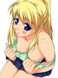 Rule 34 | 00s, 1girl, blonde hair, blue eyes, blush, breasts, clothes pull, downblouse, from above, fullmetal alchemist, miniskirt, nipples, no bra, ponytail, shirt pull, sitting, skirt, solo, winry rockbell