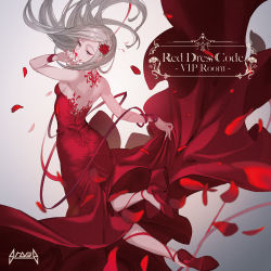 Rule 34 | 1girl, album cover, breasts, clothes lift, cover, dress, dress lift, evening gown, flower, high heels, long hair, looking back, makai no juumin, medium breasts, nail polish, original, petals, red dress, red nails, rose, silver hair, very long hair