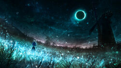 Rule 34 | 1girl, commentary request, eclipse, field, grass, halo, highres, moon, night, original, outdoors, rinneko (rinne paint), scenery, short hair, sky, solo, windmill